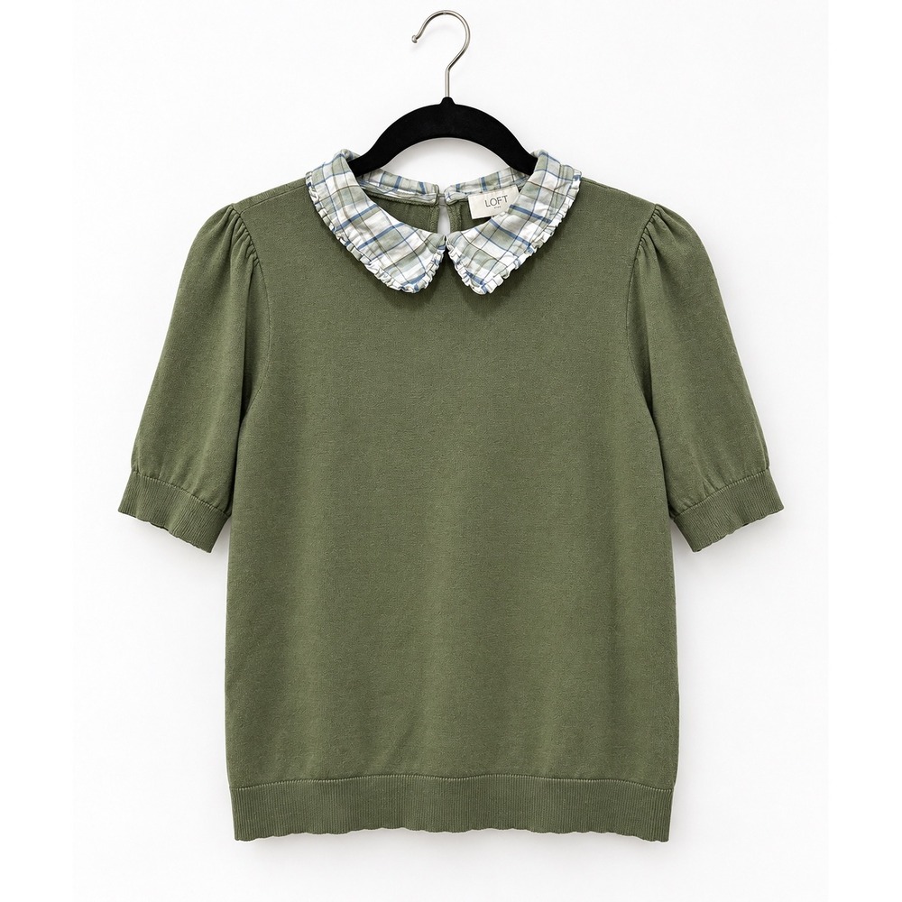Loft Olive Green Plaid Peter Pan Collar Short Sleeve Sweater Top FA22 595184